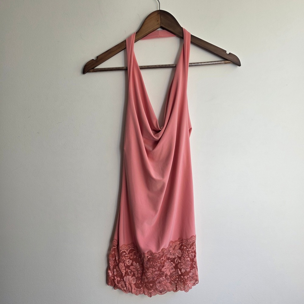 Wet Seal Vintage Y2K Halter Top Cowl Neck Lace Trim Coral Pink Sleeveless Slinky